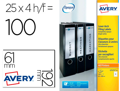 25 hojas A4 100 etiquetas adhesivas Avery  61x192mm. blancas lomo archivador laser